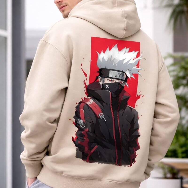 Anime Ninja Shadow Hoodie – Beige Oversized Edition