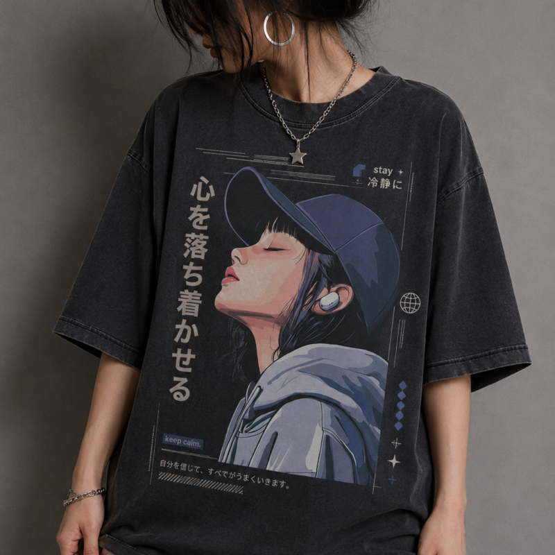 Keep Calm Anime Oversized Acid Wash T-Shirt