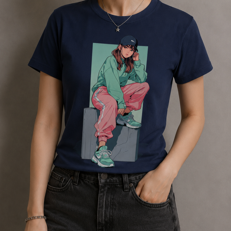 Anime Street Style Girl Navy Blue Women's T-Shirt