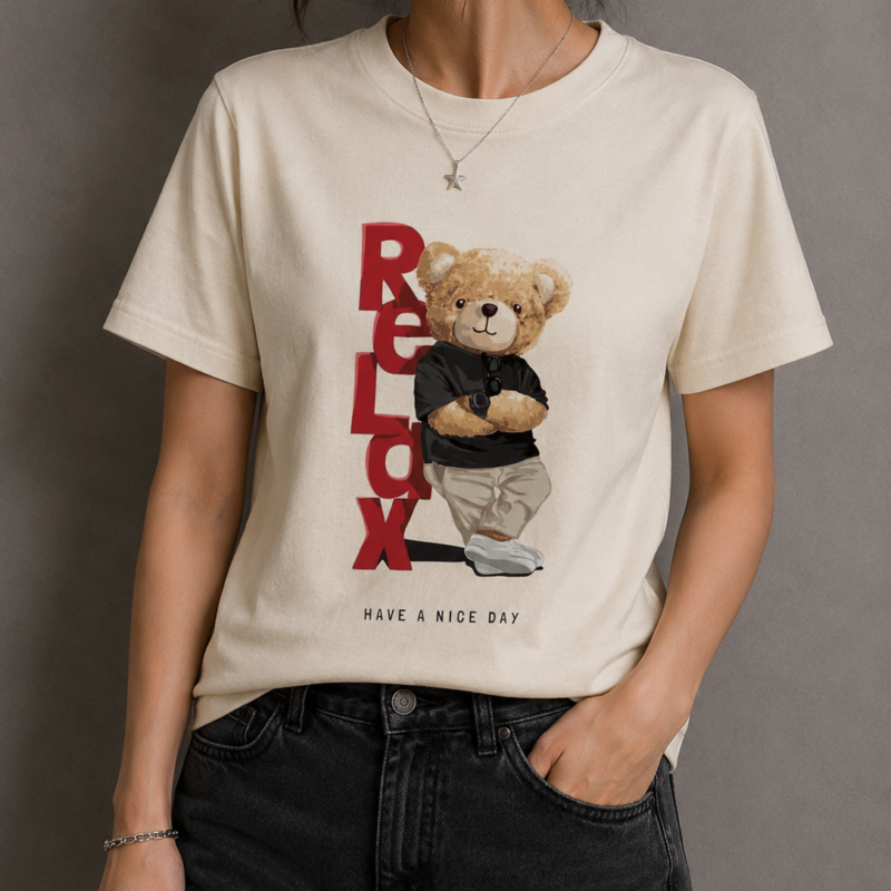 Relax Teddy Graphic Cream Women's Cotton T-Shirt