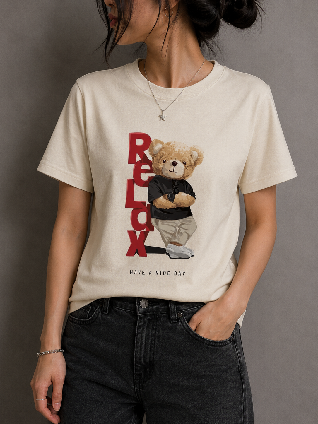 Relax Teddy Graphic Cream Women's Cotton T-Shirt