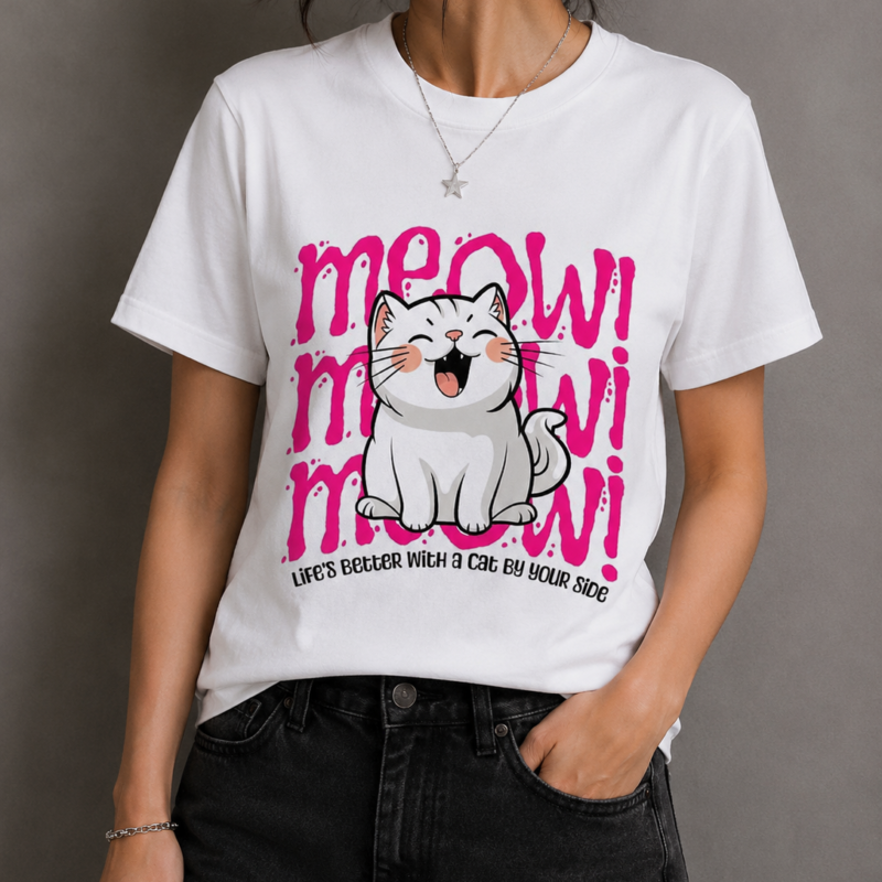 Meow Cat Graphic White Women's Cotton T-Shirt