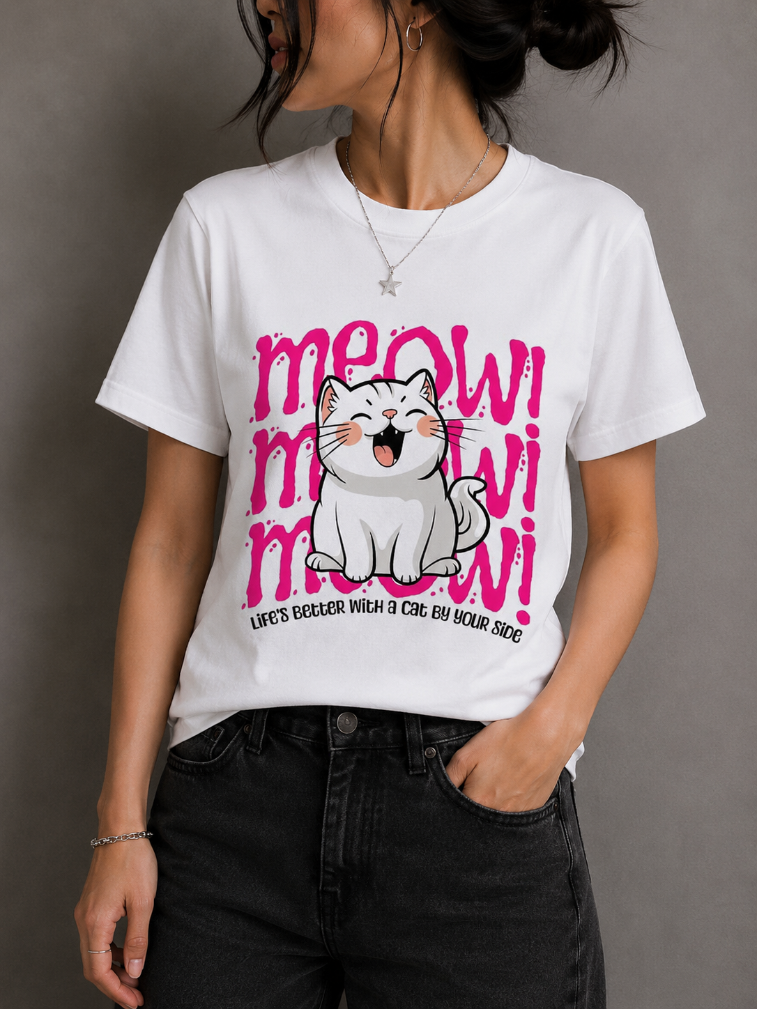Meow Cat Graphic White Women's Cotton T-Shirt