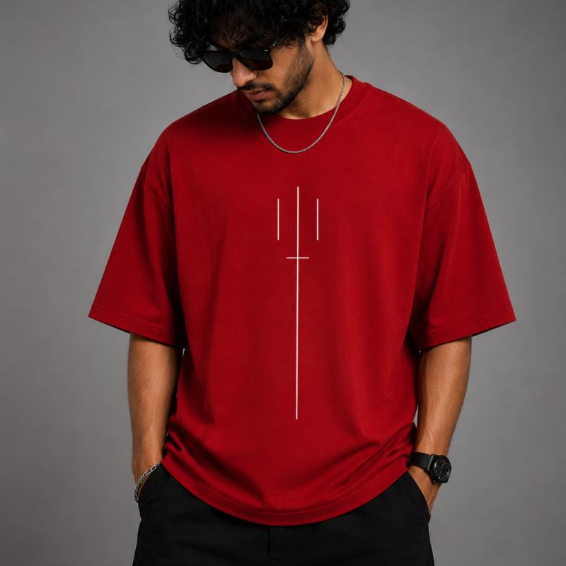 Minimal Trishul Line Art Oversized T-Shirt