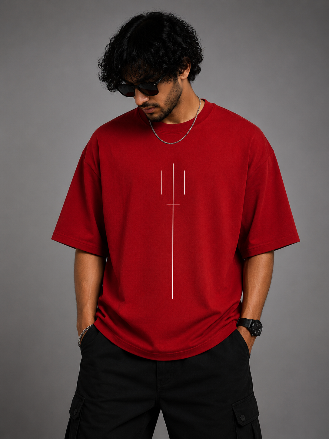 Minimal Trishul Line Art Oversized T-Shirt