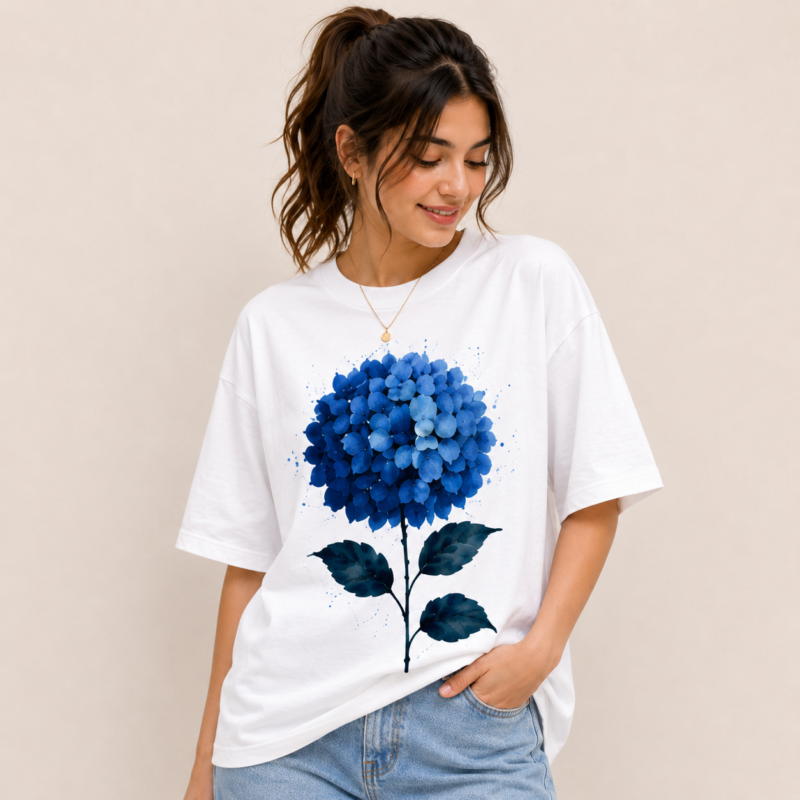 Blue Hydrangea Oversized Floral Cotton T-Shirt for Women