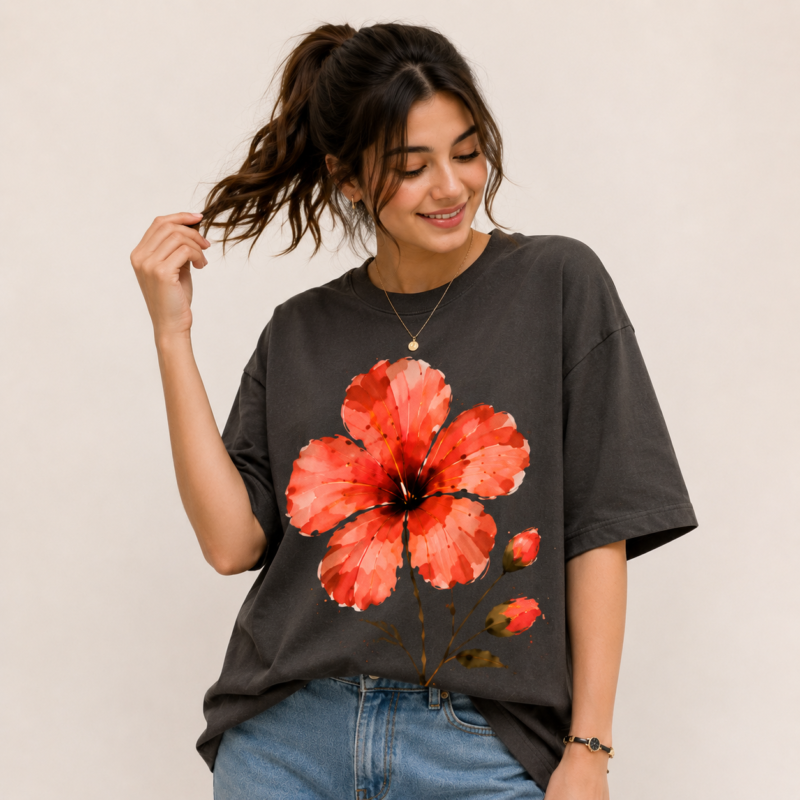 Scarlet Hibiscus Oversized Graphic T-Shirt for Women