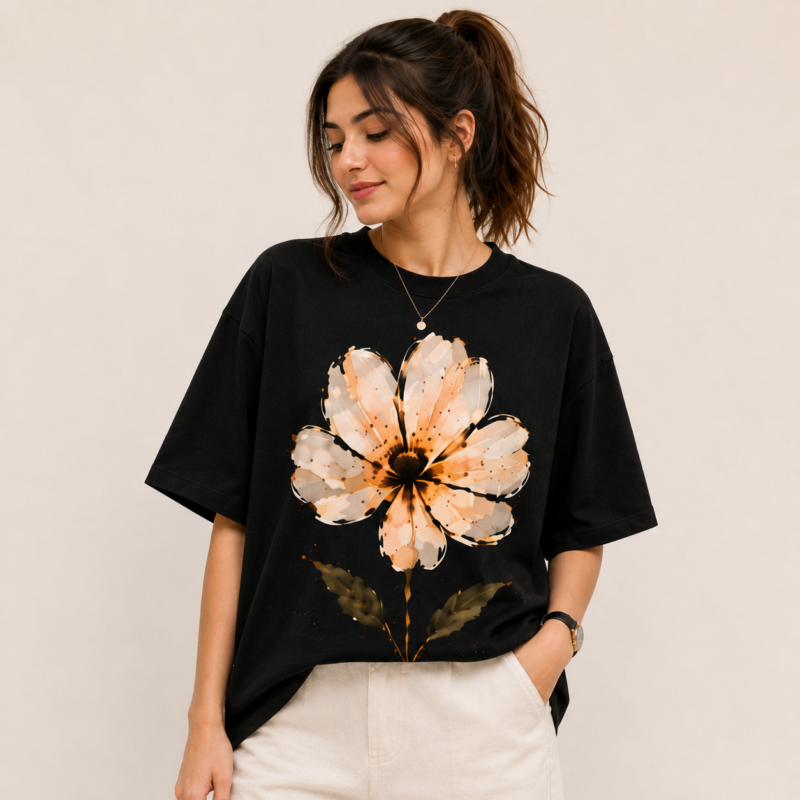 Midnight Blossom Oversized Black Graphic T-Shirt for Women