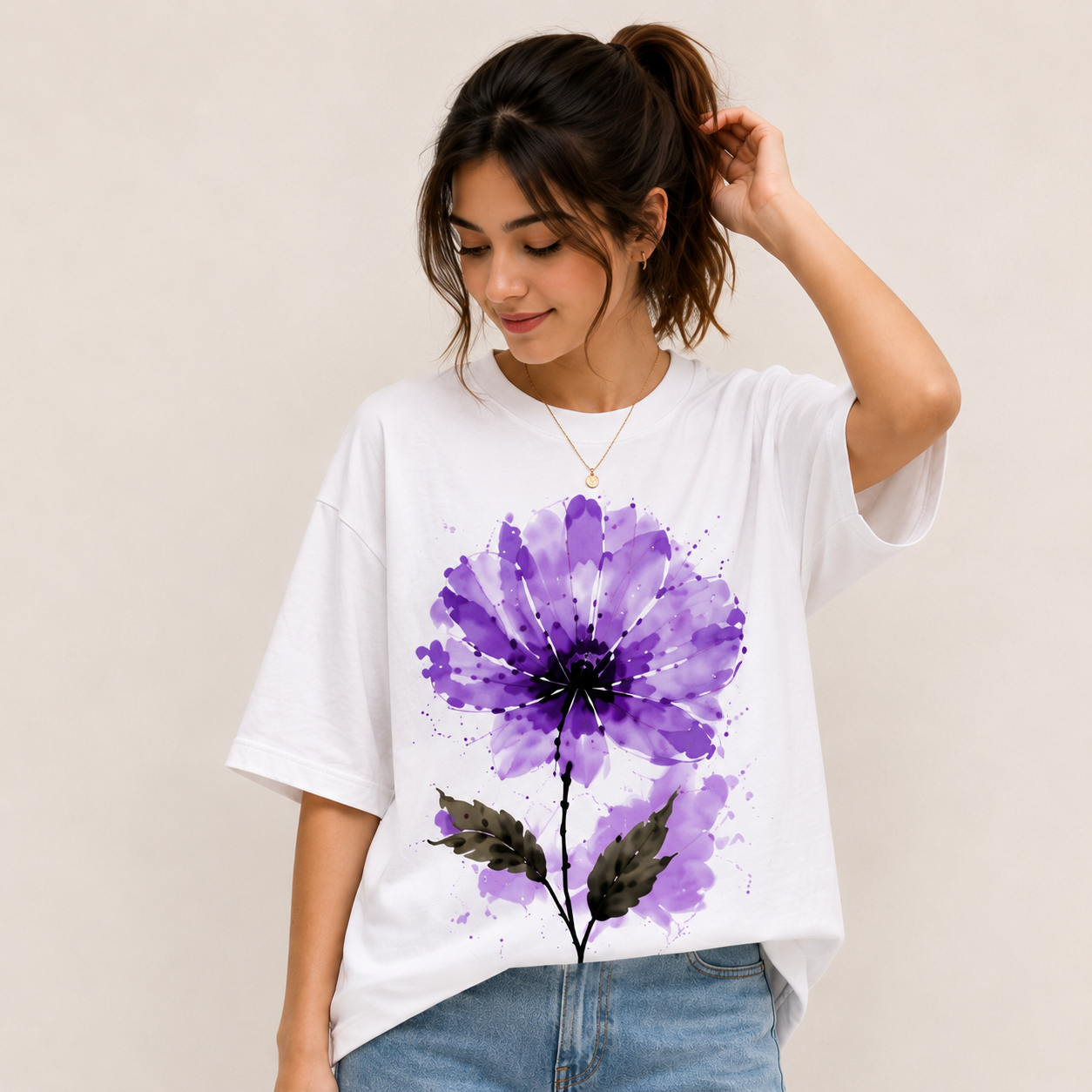 Purple Bloom Oversized Cotton Graphic T-Shirt for Women