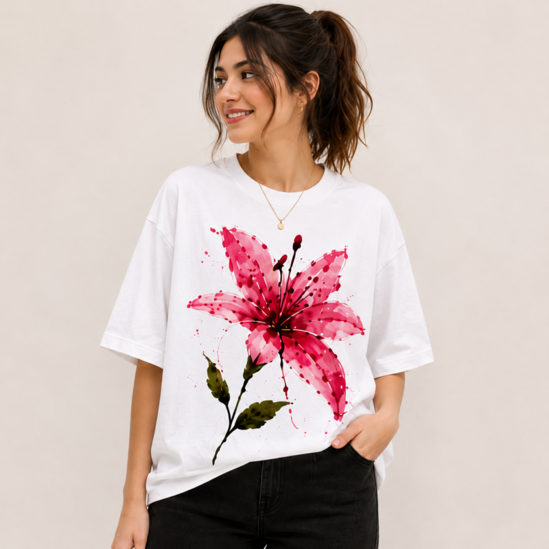 Pink Lily Oversized Floral Graphic T-Shirt for Women