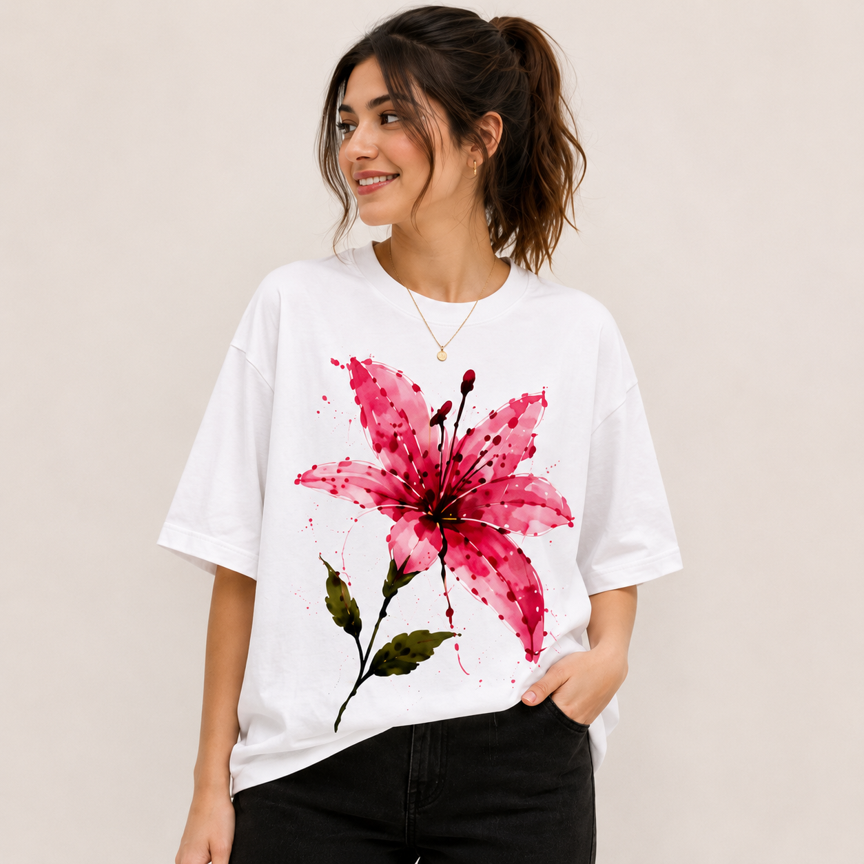 Pink Lily Oversized Floral Graphic T-Shirt for Women