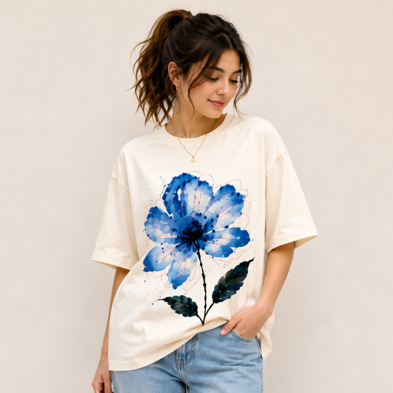 Blue Blossom Oversized Graphic T-Shirt for Women